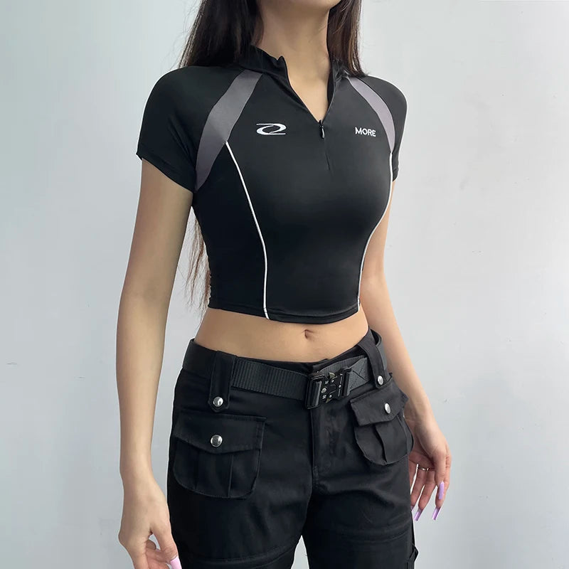 Black Gray Stripe Turtleneck Front Zip-Up Crop Short Sleeve