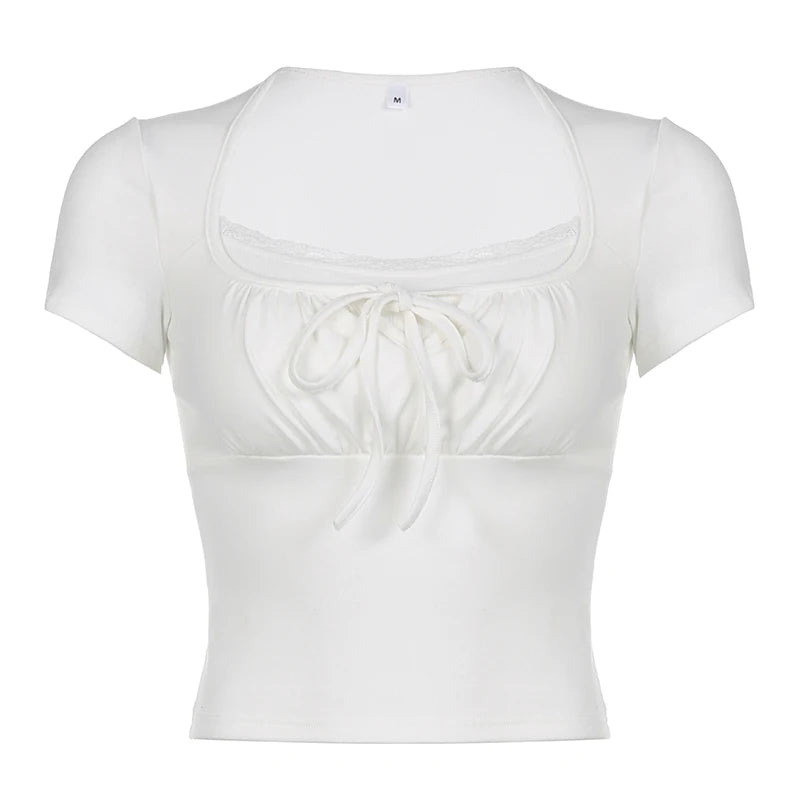 White Fake Lace Trim Under Shirt And Ruched Drawstring Short Sleeve