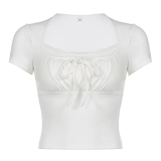 White Fake Lace Trim Under Shirt And Ruched Drawstring Short Sleeve