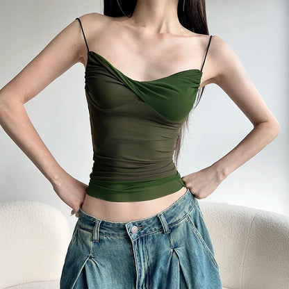 Two Toned Green Twist V-Cut Spaghetti Strap Top