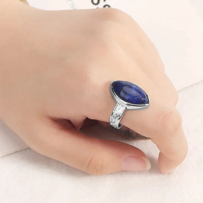 Silver Grooved Metal Polished Marquise Crystal Ring