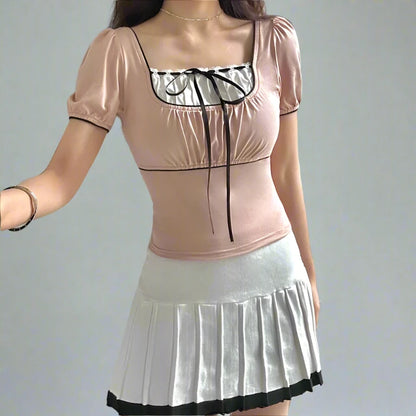 Pink Black Trim Fake White Pleated Under Shirt Puff Short Sleeve