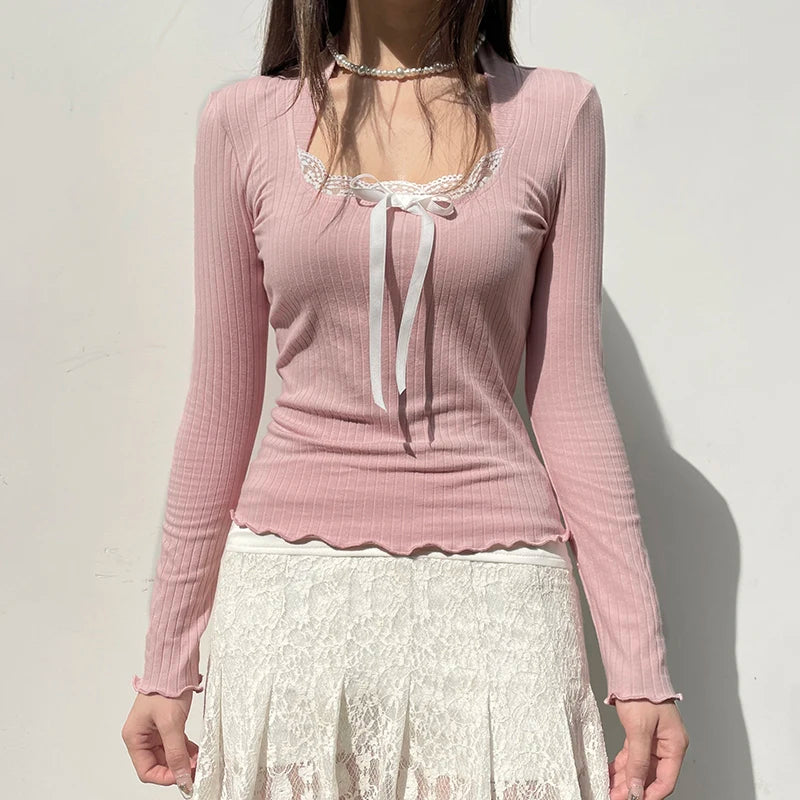 Pink Knit Ribbed Lace Trim Long sleeve