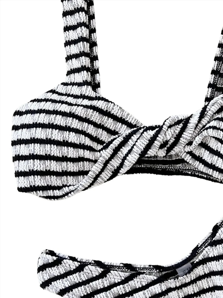 Neutral Knit Striped Twist Spaghetti Strap Bikini