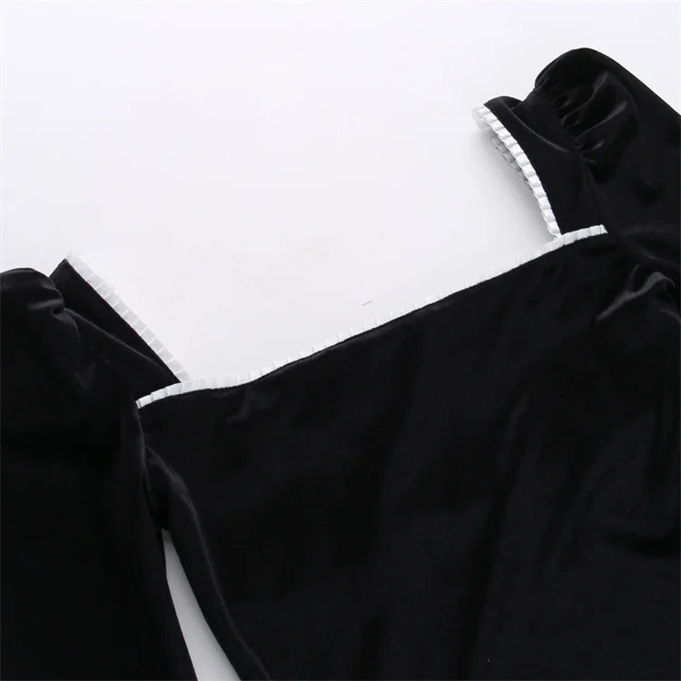 Black Suede White Ruffle Trim Puff Shoulder Long Sleeve