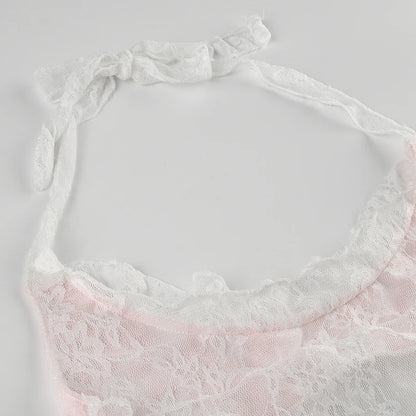 White And Pink Lace Lettuce Trim Halter Top