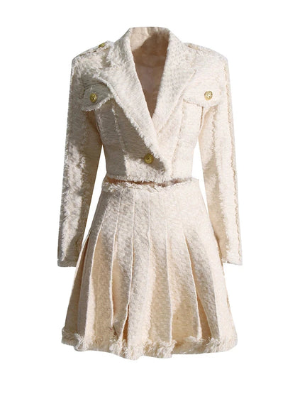 Beige Tweed Reverse Patchwork Crop Blazer And Pleated Mini Skirt Set