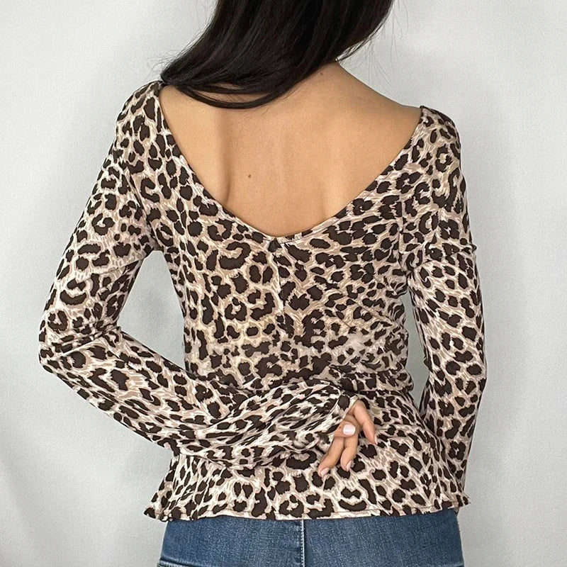 Brown Cheetah Print V-Cut Lettuce Trim Flare Long Sleeve