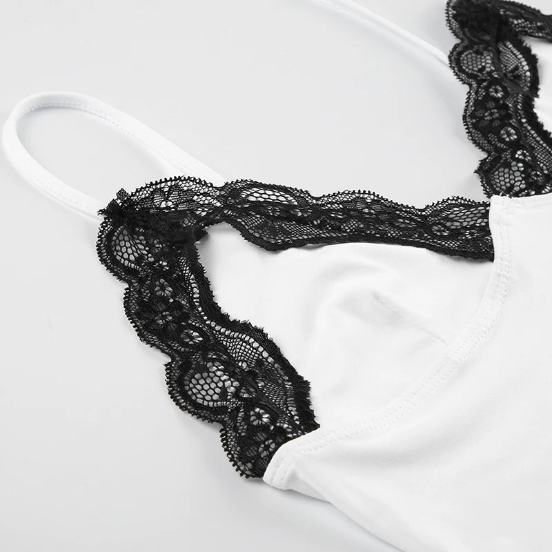 White V-Cut Black Lace Trim Spaghetti Strap Top