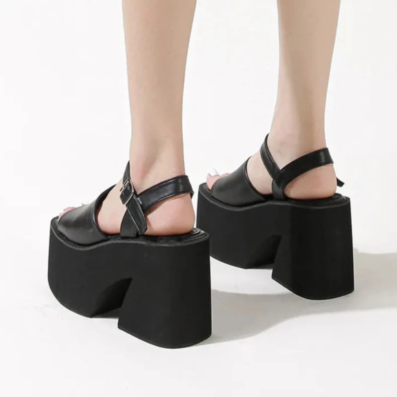 Neutral Leather Thick Strap Square Toe Platform Heels