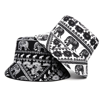 Solid Color Elephant Print Cotton Reversible Bucket Hat