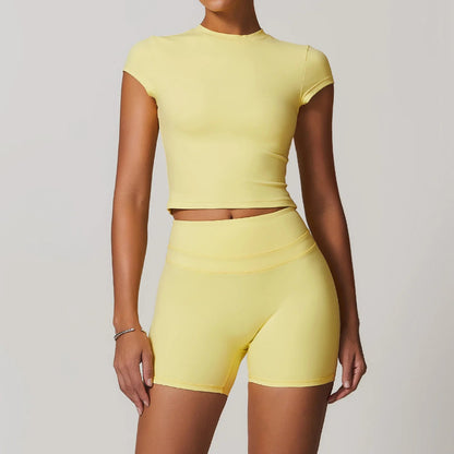 Solid Color Stretchy Short Sleeve And Patchwork High Waisted Shorts Set
