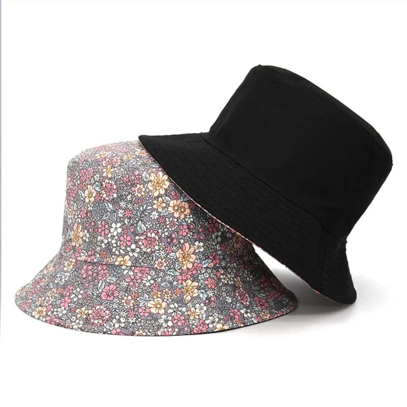 Solid Color Floral Print Cotton Reversible Bucket Hat