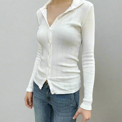 White Knit Ribbed Button Up Long Sleeve