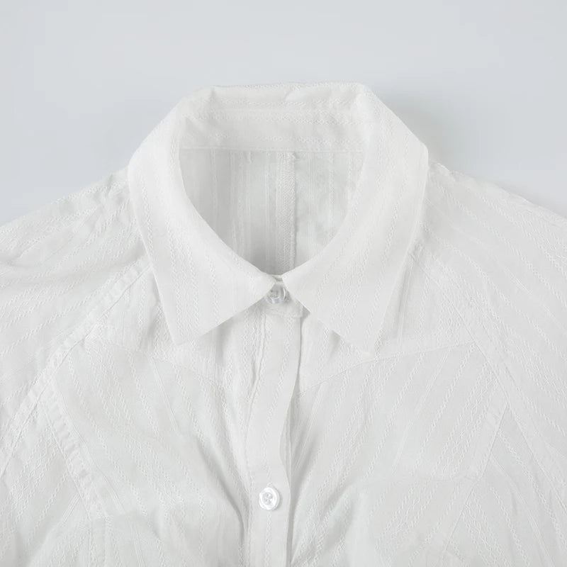 White Ribbed Button Up Buckle Short Sleeve