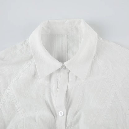 White Ribbed Button Up Buckle Short Sleeve