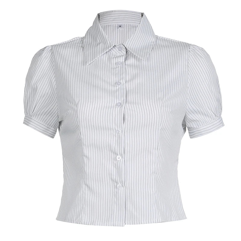 White Stripe Button Up Short Sleeve