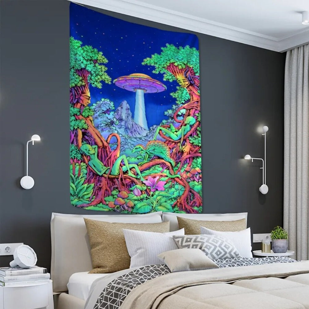 Neon Mushroom Village Outer Space Tapestry