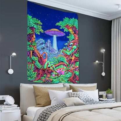 Neon Mushroom Village Outer Space Tapestry