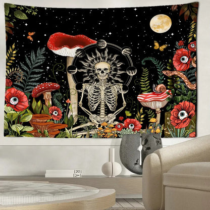 Skeleton In Mushroom Field Tapestry