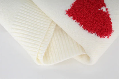 White Knit Red Fleece Hearts Sweater