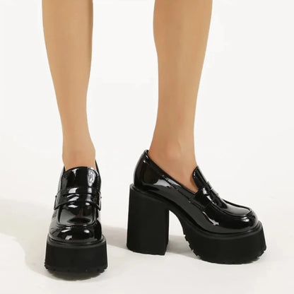 Black Glossy Closed Toe Platform Heels