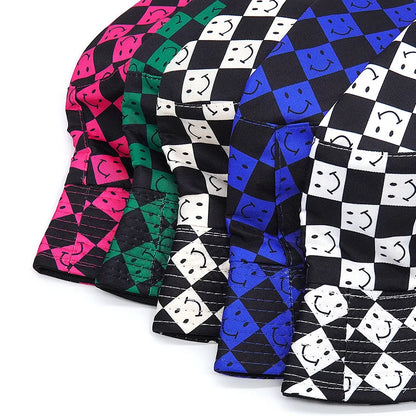 Solid Color Checkered Smiley Face Reversible Bucket Hat