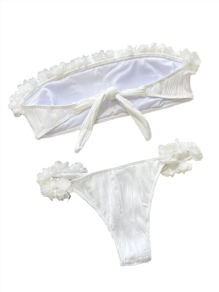 White Swirl Ribbed 3D Flower Trim Strapless Bikini