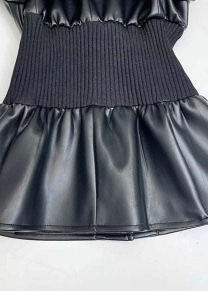 Black Leather Ruched Stomach Blazer