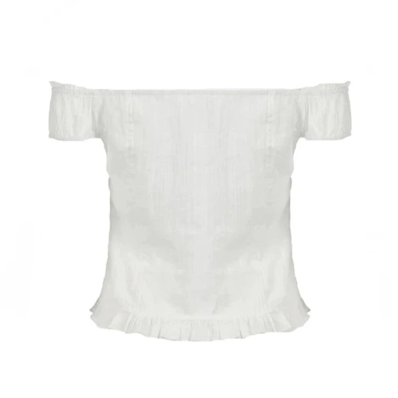 White Ribbed Button Up Ruffle Trim Puff Off Shoulder Short Sleeve