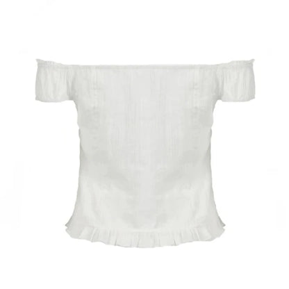 White Ribbed Button Up Ruffle Trim Puff Off Shoulder Short Sleeve