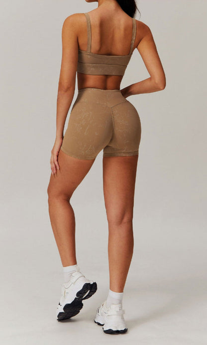 Moody Solid Color Washed Out Basic Sports Bra And High Waisted Ruched Booty Shorts Set