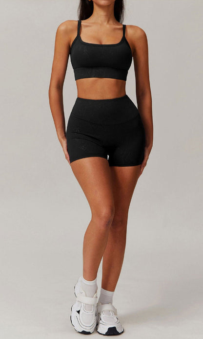 Moody Solid Color Washed Out Basic Sports Bra And High Waisted Ruched Booty Shorts Set
