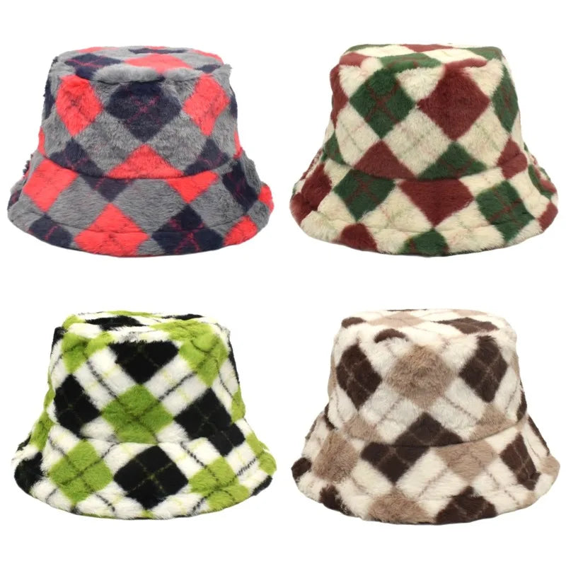 Plaid Fur Bucket Hat