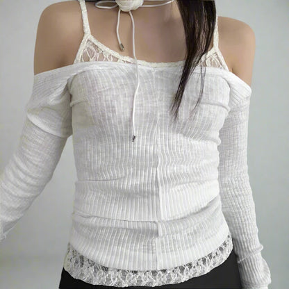 White Fake Lace Spaghetti Strap And Ribbed Off Shoulder Long Sleeve