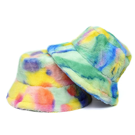 Pastel Multicolor Tie-Dye Fur Bucket Hat