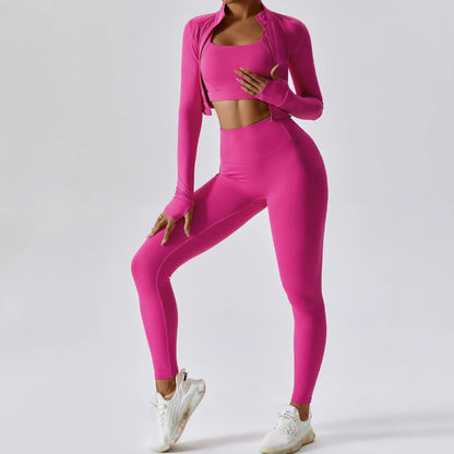 Solid Color Crop Jacket And Crop Top And High Waisted Legging Set