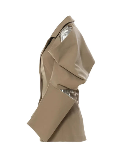 Khaki Hollow Out Chain Puff Shoulders And Hollow Out Back Blazer