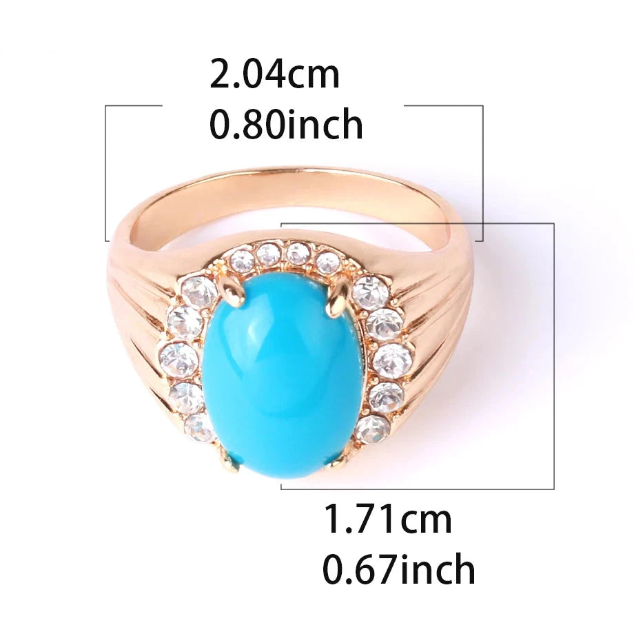 Gold Rhinestone Studded Trim Polished Oval Turquoise Crystal Ring