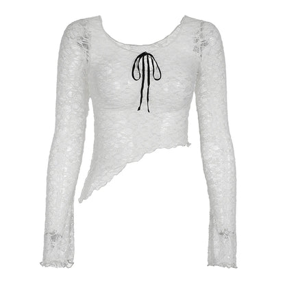 White Lace Black Bow Asymmetric Lettuce Trim Flare Long Sleeve