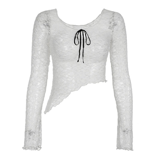 White Lace Black Bow Asymmetric Lettuce Trim Flare Long Sleeve