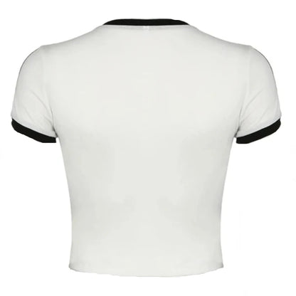 White Bow Embroidery Black Trim Short Sleeve