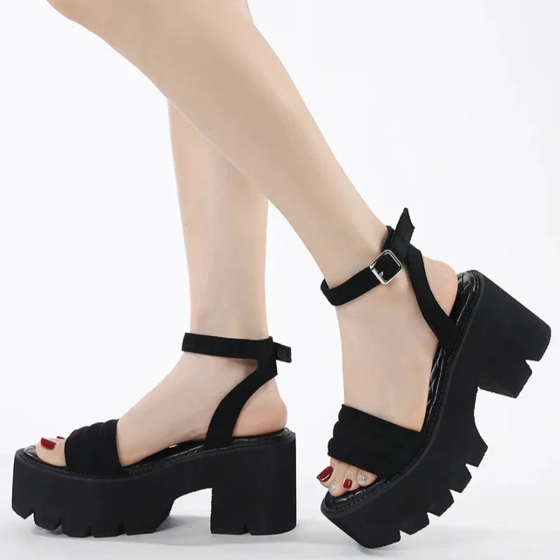 Black Suede Buckle Strap Platform Heels