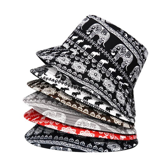 Solid Color Elephant Print Cotton Reversible Bucket Hat