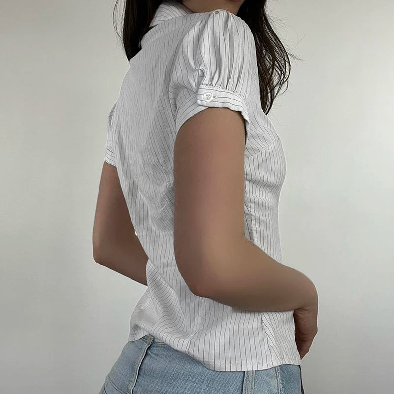 White Stripe Button Up Short Sleeve