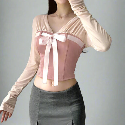 Two Toned Pink V-Cut Bow Corset Long Sleeve