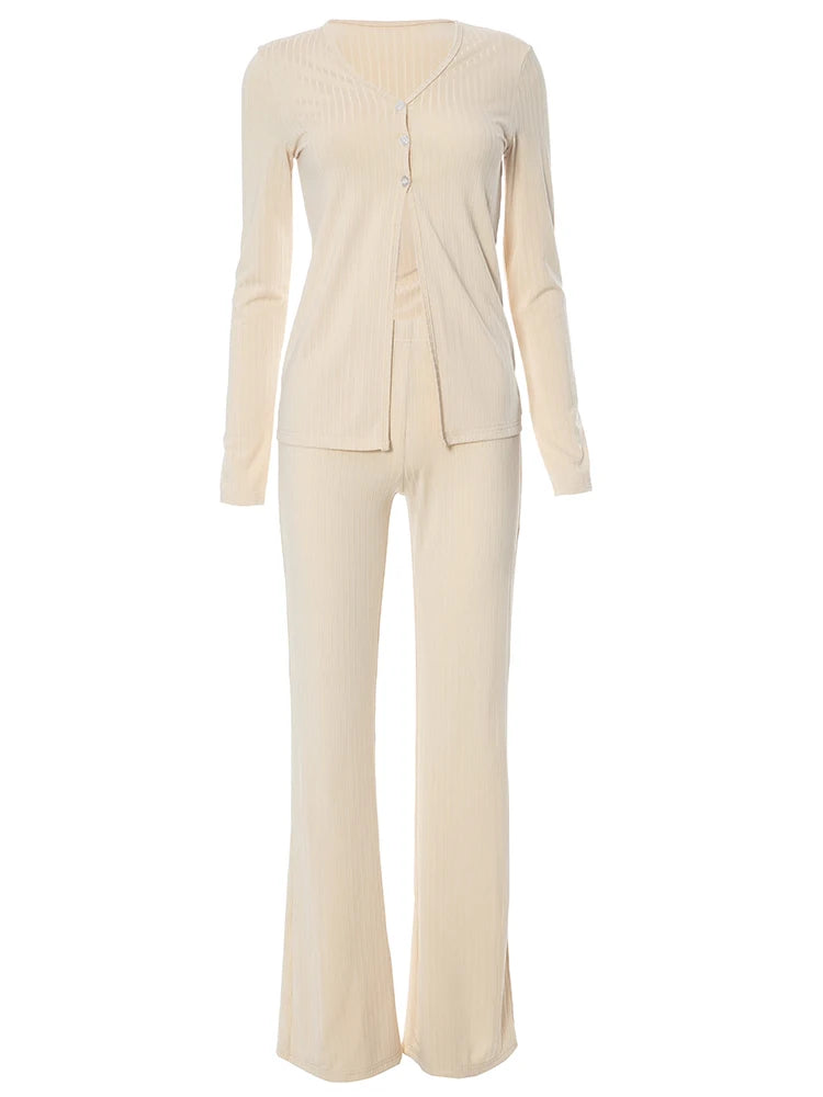 Beige Ribbed Quarter Button Down Front Slit Long Sleeve And Pants Set