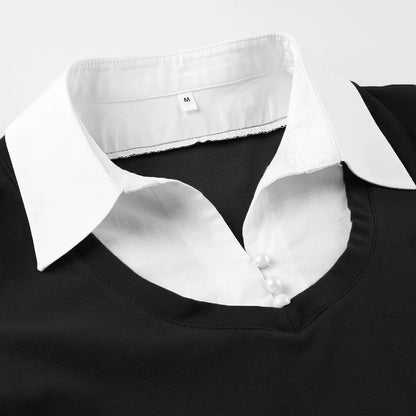 Black Fake White Pearl Button Up Short Sleeve