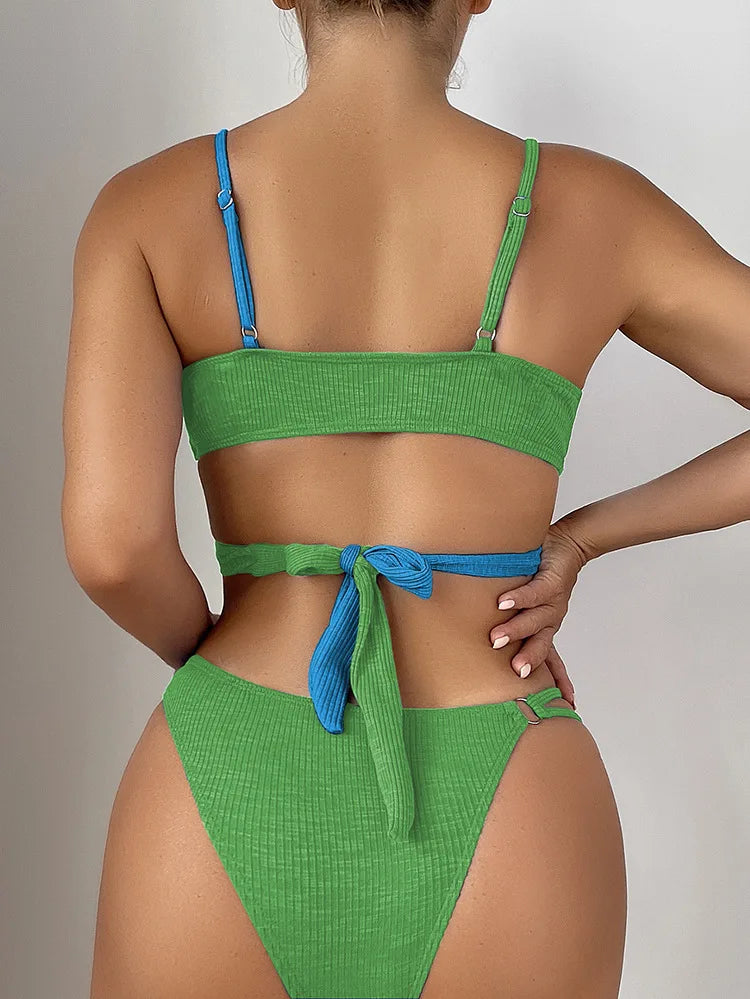 Two Tone Ribbed Criss-Cross V-Cut Spaghetti Strap Bikini