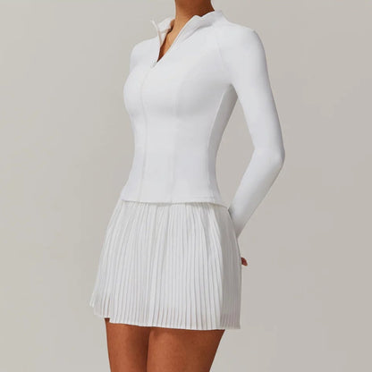 Solid Color Stretchy Collar Zip-Up Jacket And Pleated Mini Skirt Set